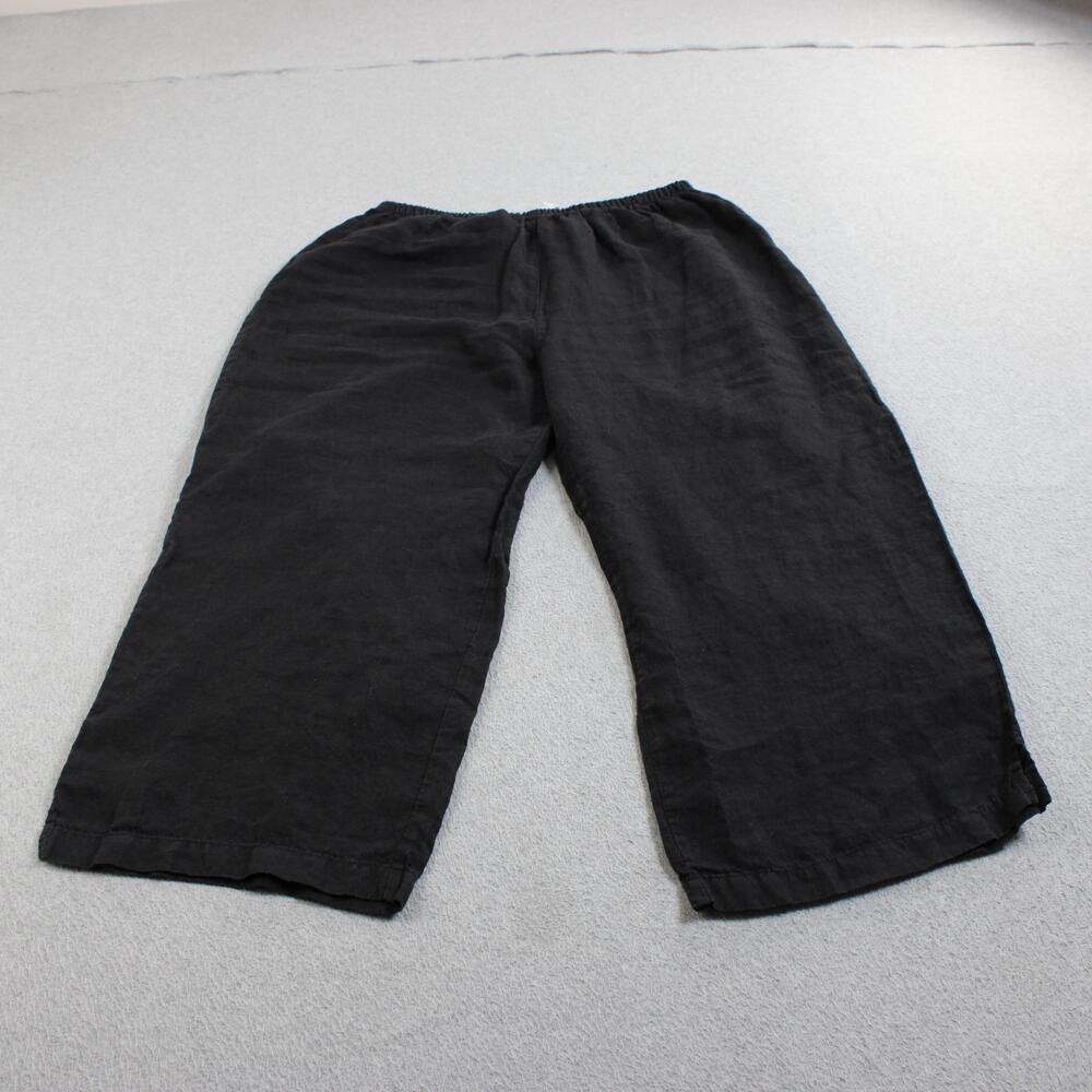 Chalet Linen Pants Women Large Black Wide Leg Crop Elastic Waist USA Lagenlook
